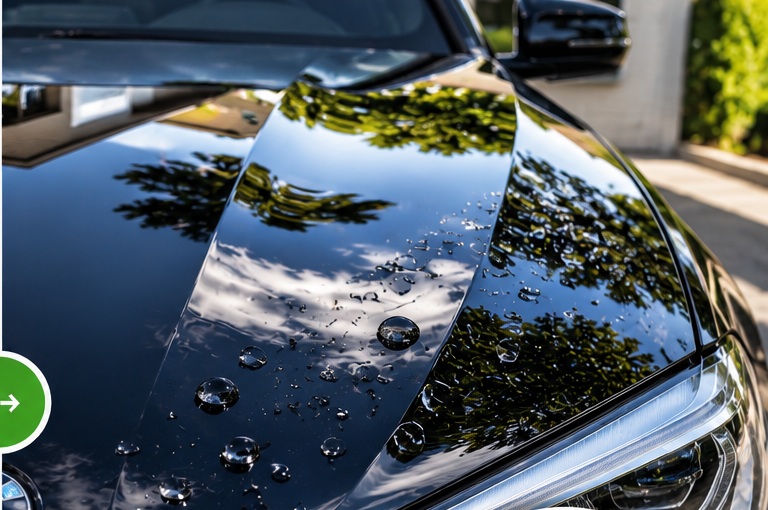 Carrosserie noire brillante après traitement céramique avec gouttelettes d'eau